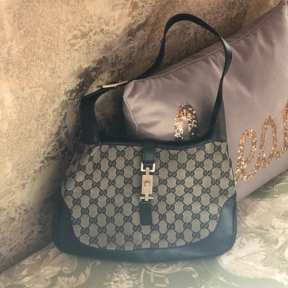 Gucci Brown Canvas/Black Leather Hobo Bag.